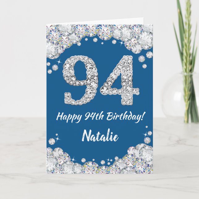 Happy 94th Birthday Blue and Silver Glitter Card (Front)
