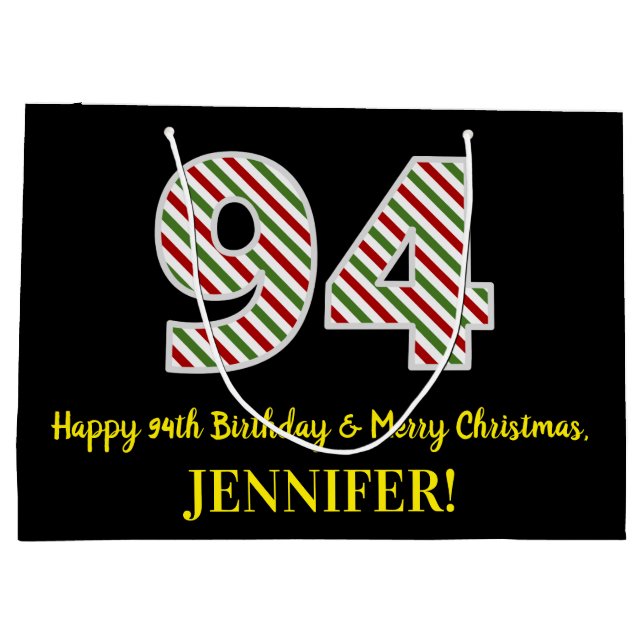 Happy 94th Birthday & Merry Christmas, Custom Name Large Gift Bag (Back)