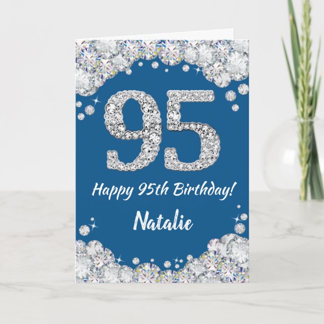 Happy 95th Birthday Blue and Silver Glitter Card (Front)