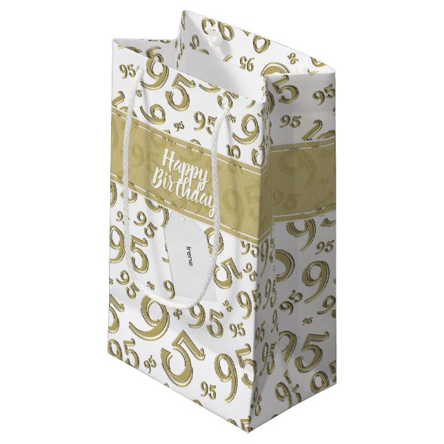 Happy 95th Birthday Number Pattern Gold Small Gift Bag (Front Angled)