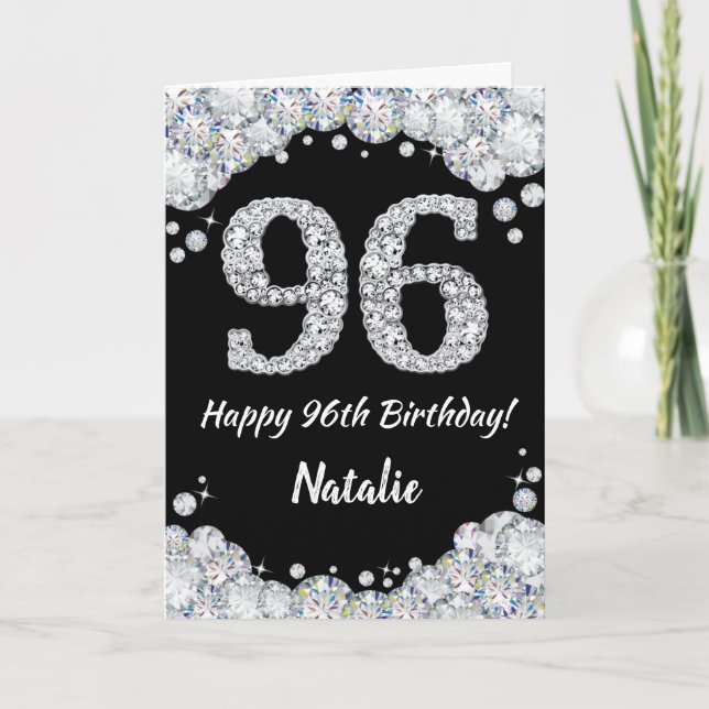 Happy 96th Birthday Black and Silver Glitter Card (Front)