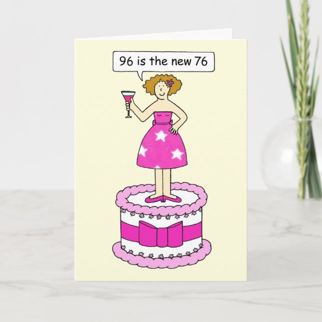 Happy 96th Birthday Cartoon Lady Age Humor Card (Front)
