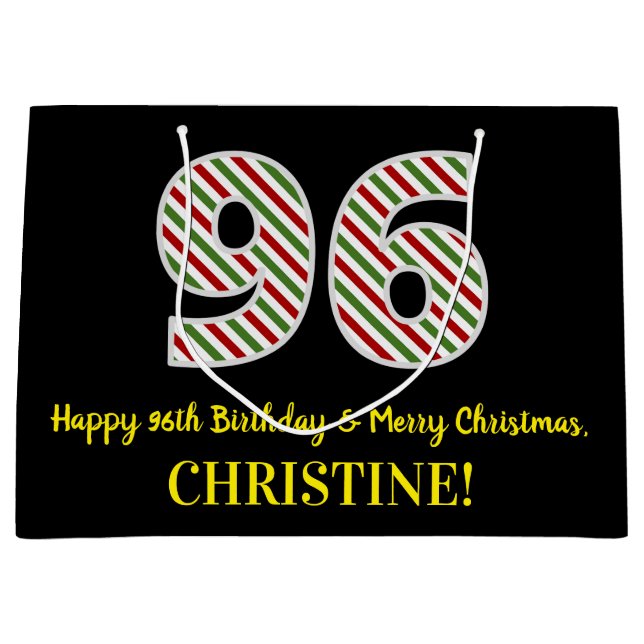 Happy 96th Birthday & Merry Christmas, Custom Name Large Gift Bag (Front)