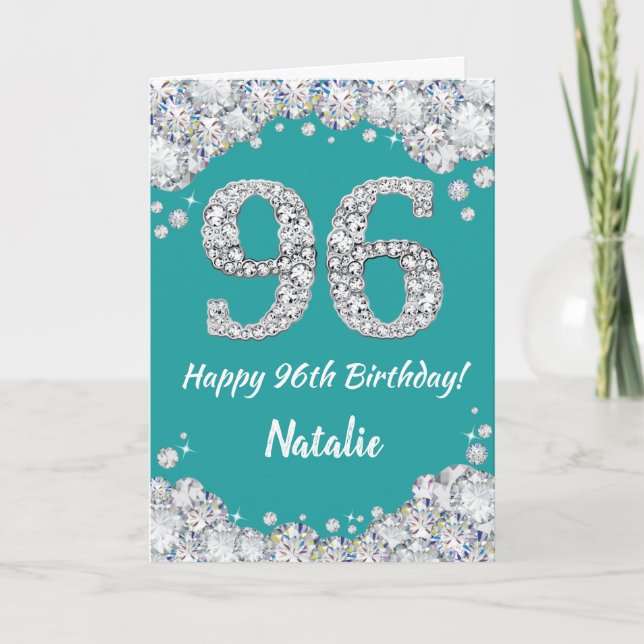 Happy 96th Birthday Teal and Silver Glitter Card (Front)