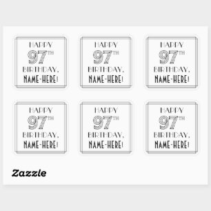 HAPPY 97TH BIRTHDAY, Art Deco Style, Custom Name Square Sticker