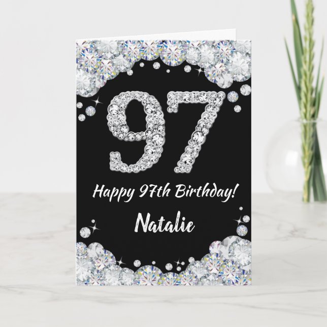 Happy 97th Birthday Black and Silver Glitter Card (Front)