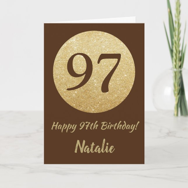 Happy 97th Birthday Brown and Gold Glitter Card (Front)