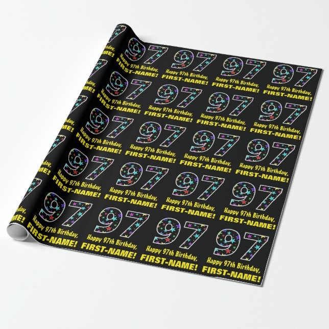 Happy 97th Birthday, Fun Colourful Stars Pattern 9 Wrapping Paper (Unrolled)