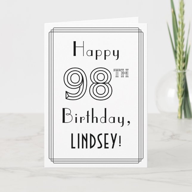 Happy 98th Birthday, Art Deco Style w/ Custom Name Card (Front)