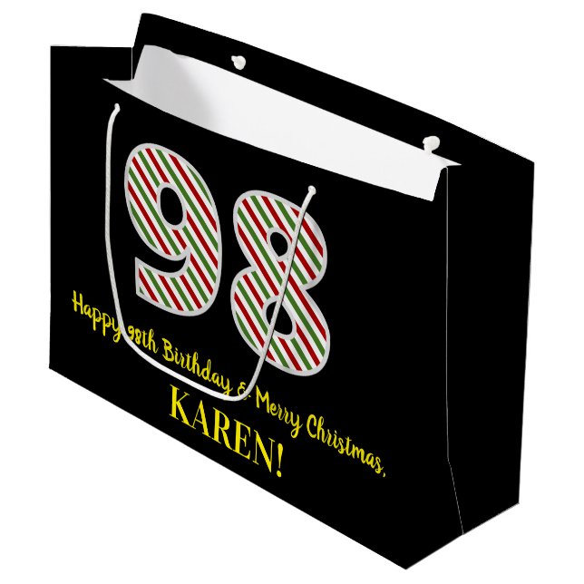 Happy 98th Birthday & Merry Christmas, Custom Name Large Gift Bag (Front Angled)