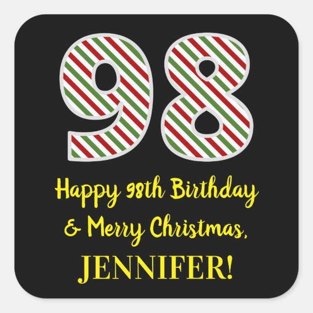 Happy 98th Birthday & Merry Christmas, Custom Name Square Sticker (Front)