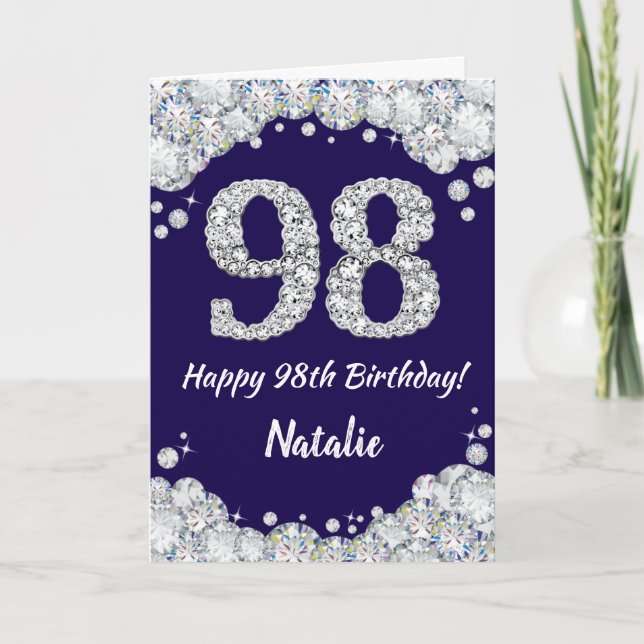 Happy 98th Birthday Navy Blue and Silver Glitter Card (Front)