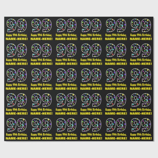 Happy 99th Birthday, Fun Colourful Stars Pattern 9 Wrapping Paper (Flat)