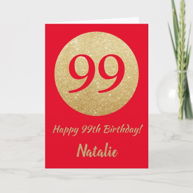 Happy 99th Birthday Red and Gold Glitter Card (Front)