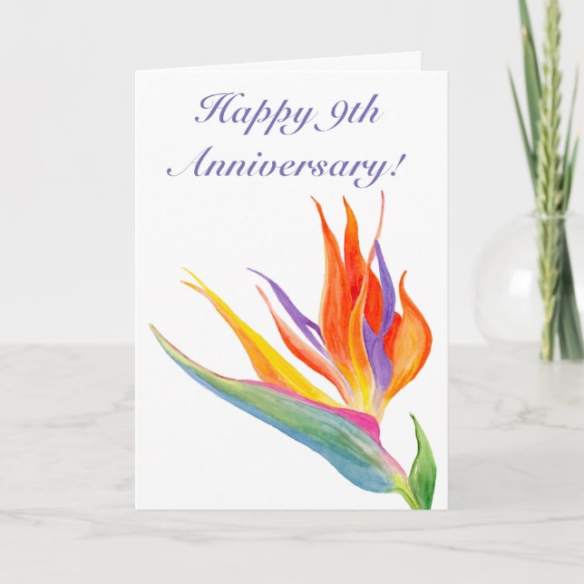 Happy 9th Anniversary Watercolor Bird Of Paradise Card (Front)