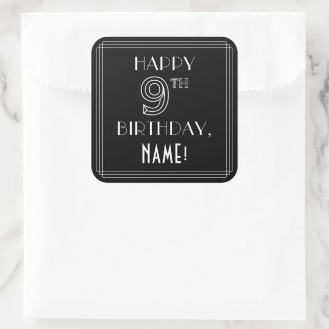 HAPPY 9TH BIRTHDAY; Art Deco Style; Custom Name Square Sticker (Bag)