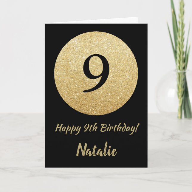 Happy 9th Birthday Black and Gold Glitter Card (Front)