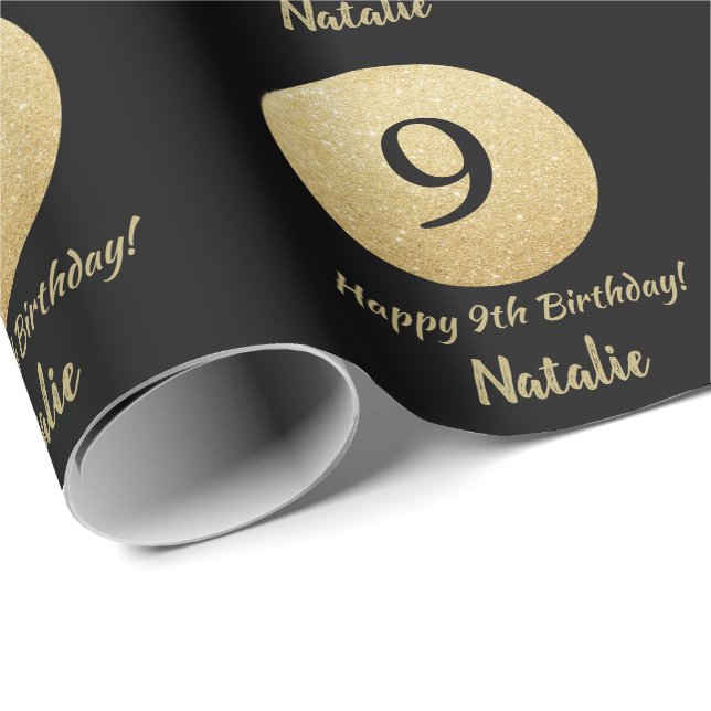 Happy 9th Birthday Black and Gold Glitter Wrapping Paper (Roll Corner)
