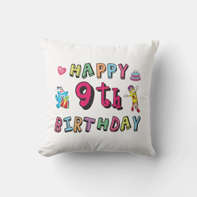 Happy 9th Birthday for 9 year old Kids B-day Cushion (Front)