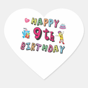 Happy 9th Birthday for 9 year old Kids B-day Heart Sticker