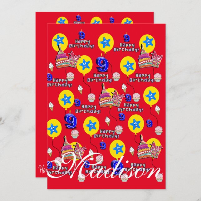 Happy 9th Birthday Invitation Birthday #9 Red (Front/Back)