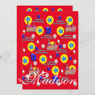 Happy 9th Birthday Invitation Birthday #9 Red