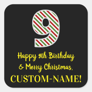 Happy 9th Birthday & Merry Christmas, Custom Name Square Sticker