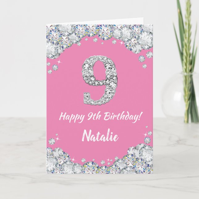 Happy 9th Birthday Pink and Silver Glitter Card (Front)