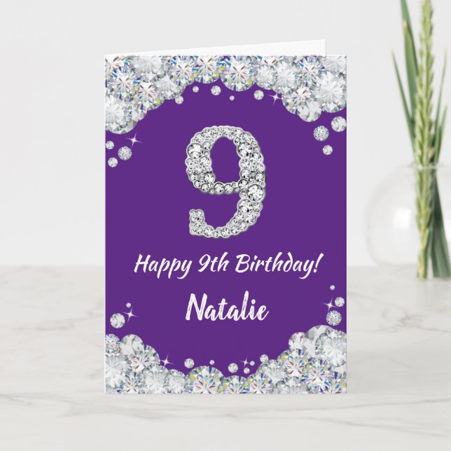 Happy 9th Birthday Purple and Silver Glitter Card (Front)