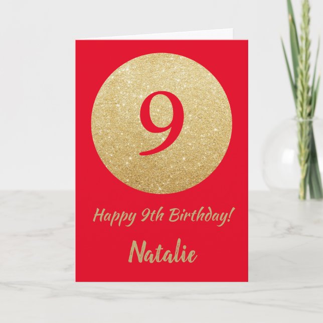 Happy 9th Birthday Red and Gold Glitter Card (Front)
