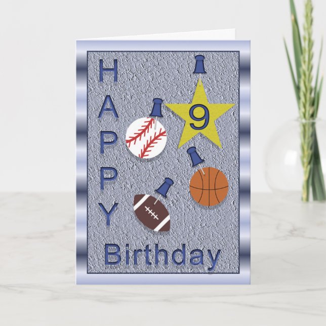 Happy 9th Birthday Sports Themed Card (Front)