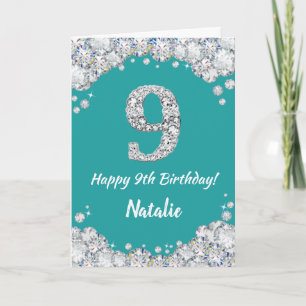 Happy 9th Birthday Teal and Silver Glitter Card