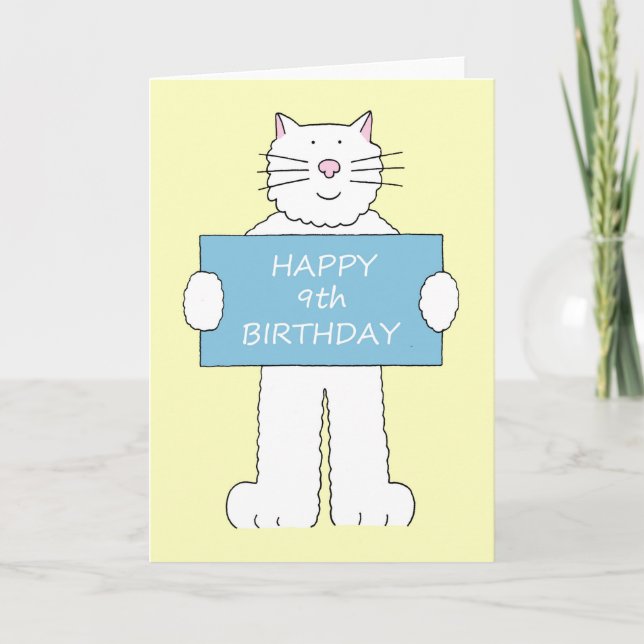 Happy 9th Birthday White Cat Card (Front)