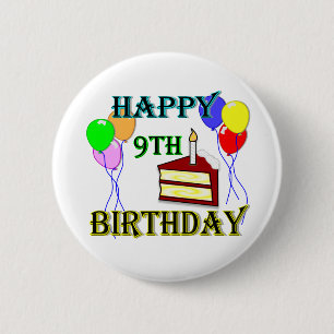 Happy 9th Birthday with Cake, Balloons and Candle 6 Cm Round Badge