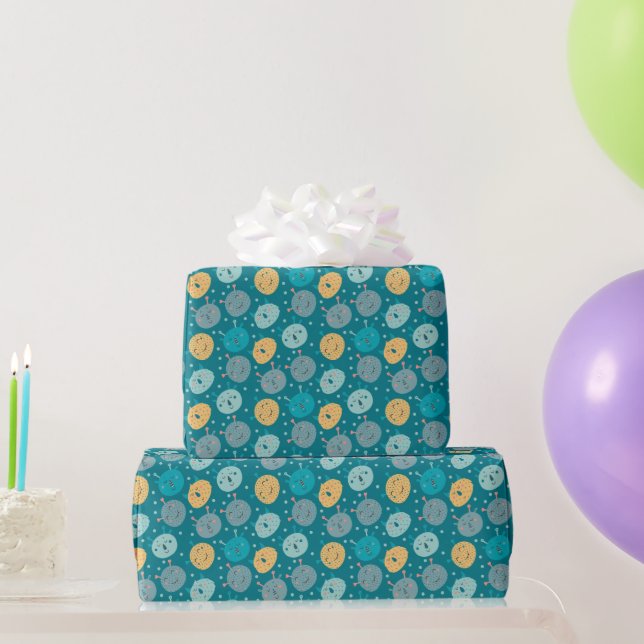 Happy Alien Faces Teal Wrapping Paper (Party Gifts)