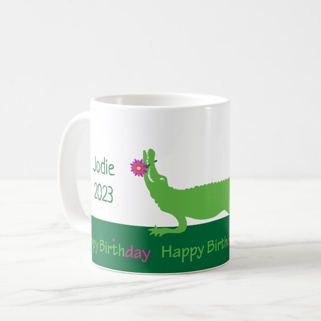 Happy Alligator Birthday Mug or Glass (Front Left)