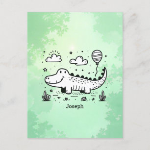Happy Alligator with Balloon - Cute Nursery Art Postcard