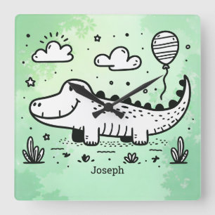 Happy Alligator with Balloon - Cute Nursery Art Square Wall Clock