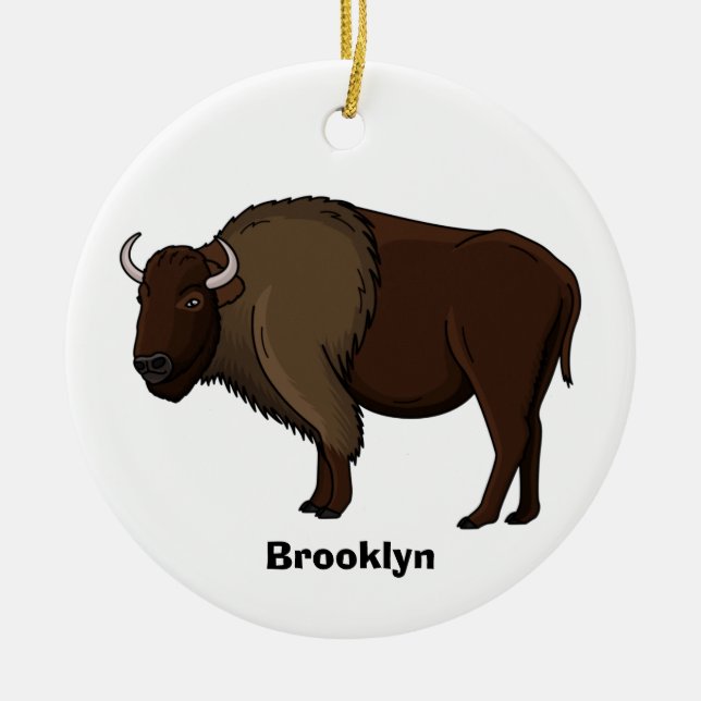 Happy American bison buffalo illustration  Ceramic Tree Decoration (Front)