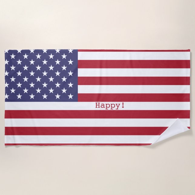 Happy! American USA Flag 4th of July Personalise Beach Towel (Front)
