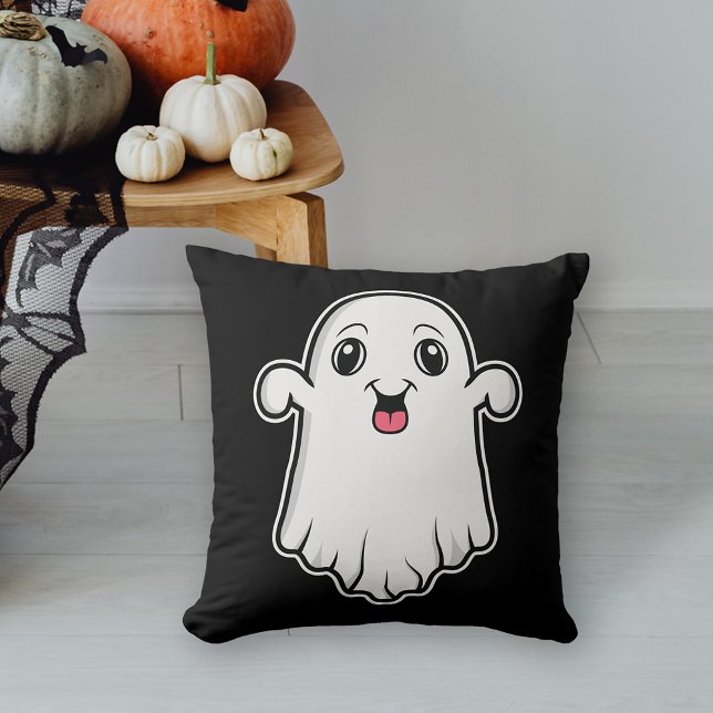 Happy And Cute Cartoon Ghost Halloween Black White Cushion (This design adds some spooky detail to a space for the Halloween season.)