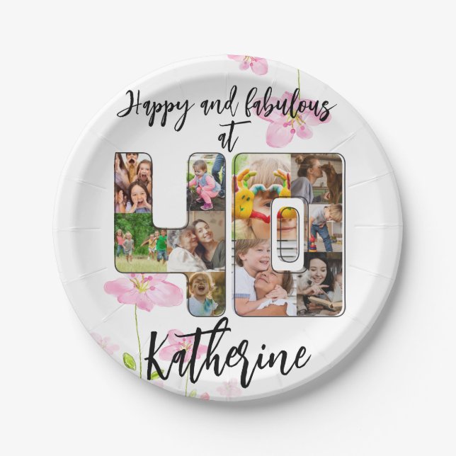 Happy and Fabulous 40th Birthday Multi Photo Paper Plate (Front)