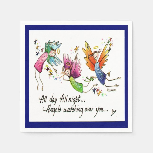Happy angels of red, green, blue, in sun & stars napkin (Front)