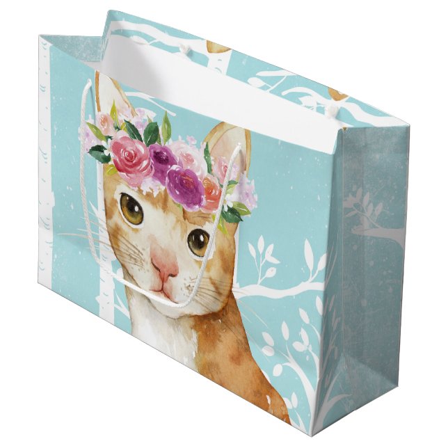 Happy Animal with Flowers in Blue Forest-Cat Kitty Large Gift Bag (Front Angled)