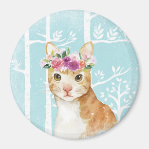 Happy Animal with Flowers in Blue Forest-Cat Kitty Magnet