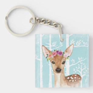 Happy Animal with Flowers in Blue Forest-Deer Key Ring