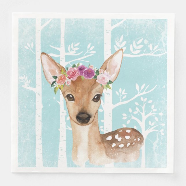 Happy Animal with Flowers in Blue Forest-Deer Napkin (Front)