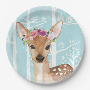 Happy Animal with Flowers in Blue Forest-Deer Paper Plate