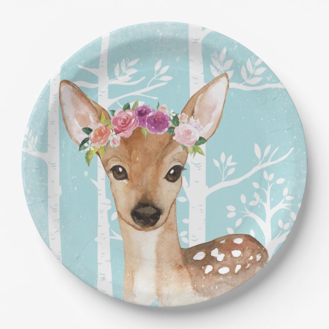 Happy Animal with Flowers in Blue Forest-Deer Paper Plate (Front)