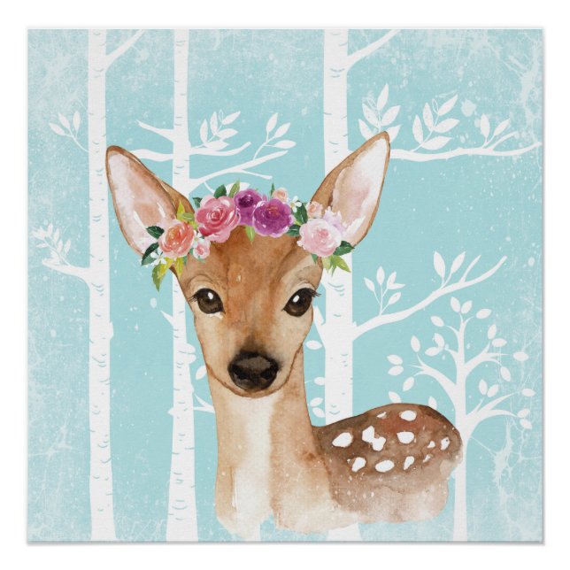Happy Animal with Flowers in Blue Forest-Deer Poster (Front)